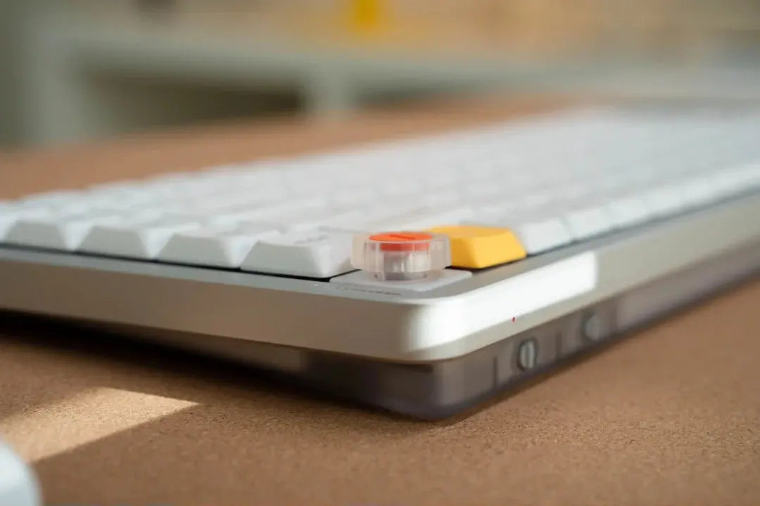 White custom mechanical keyboard side profile with transparent accent keycaps - KONSOE
