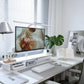 White wooden monitor stand riser desk shelf and LED desk lamp eye care light in aesthetic pink study desk setup - KONSOE