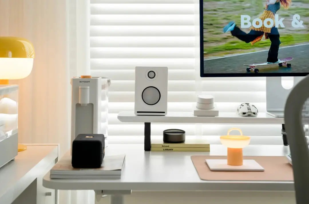 White monitor stand desk shelf for minimalist setup - KONSOE