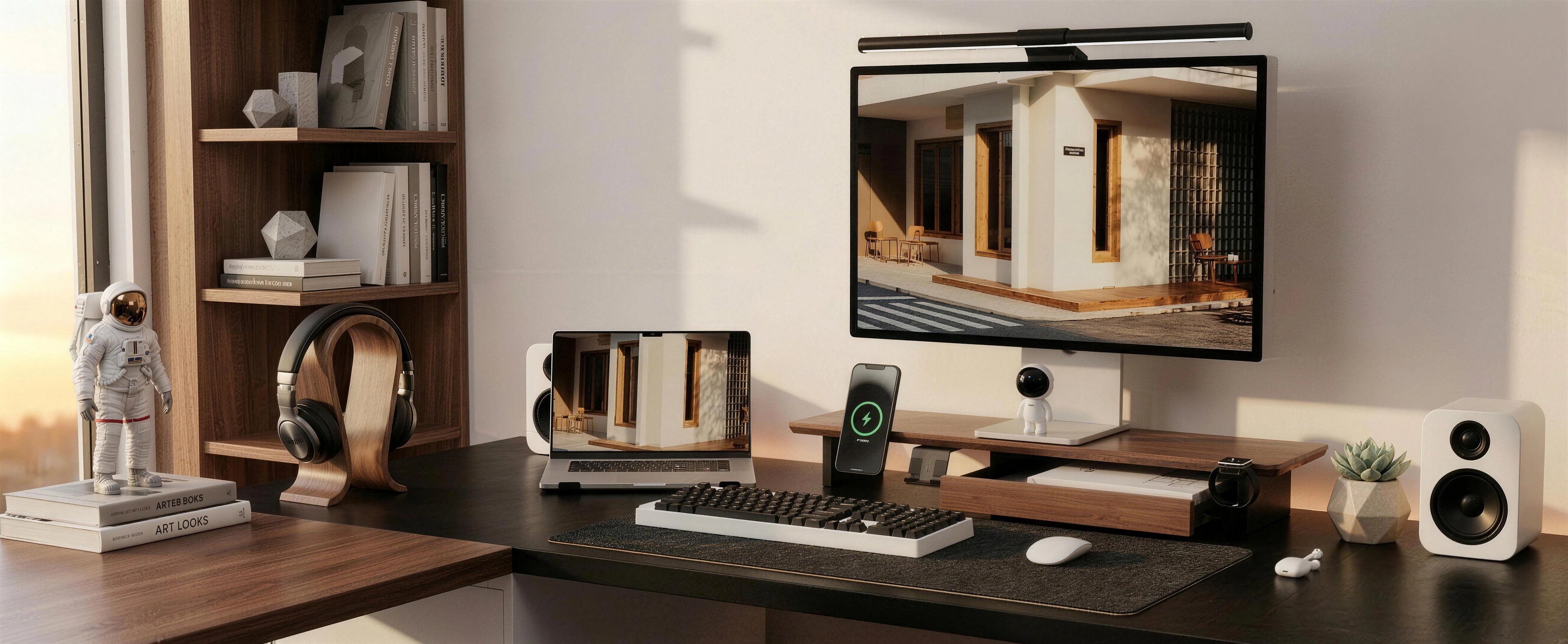 Wooden monitor stand with storage drawer and monitor light bar desk setup - KONSOE