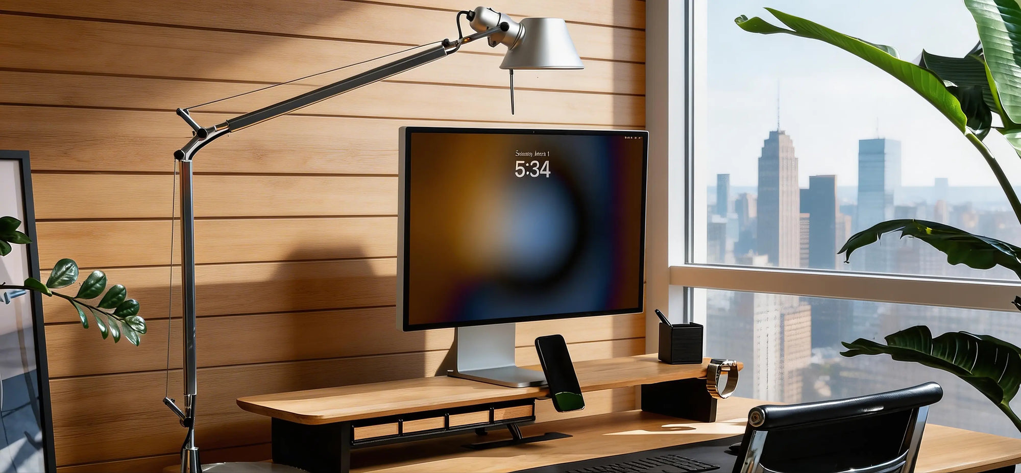 Wooden monitor stand desk shelf with storage drawers for home office setup - KONSOE